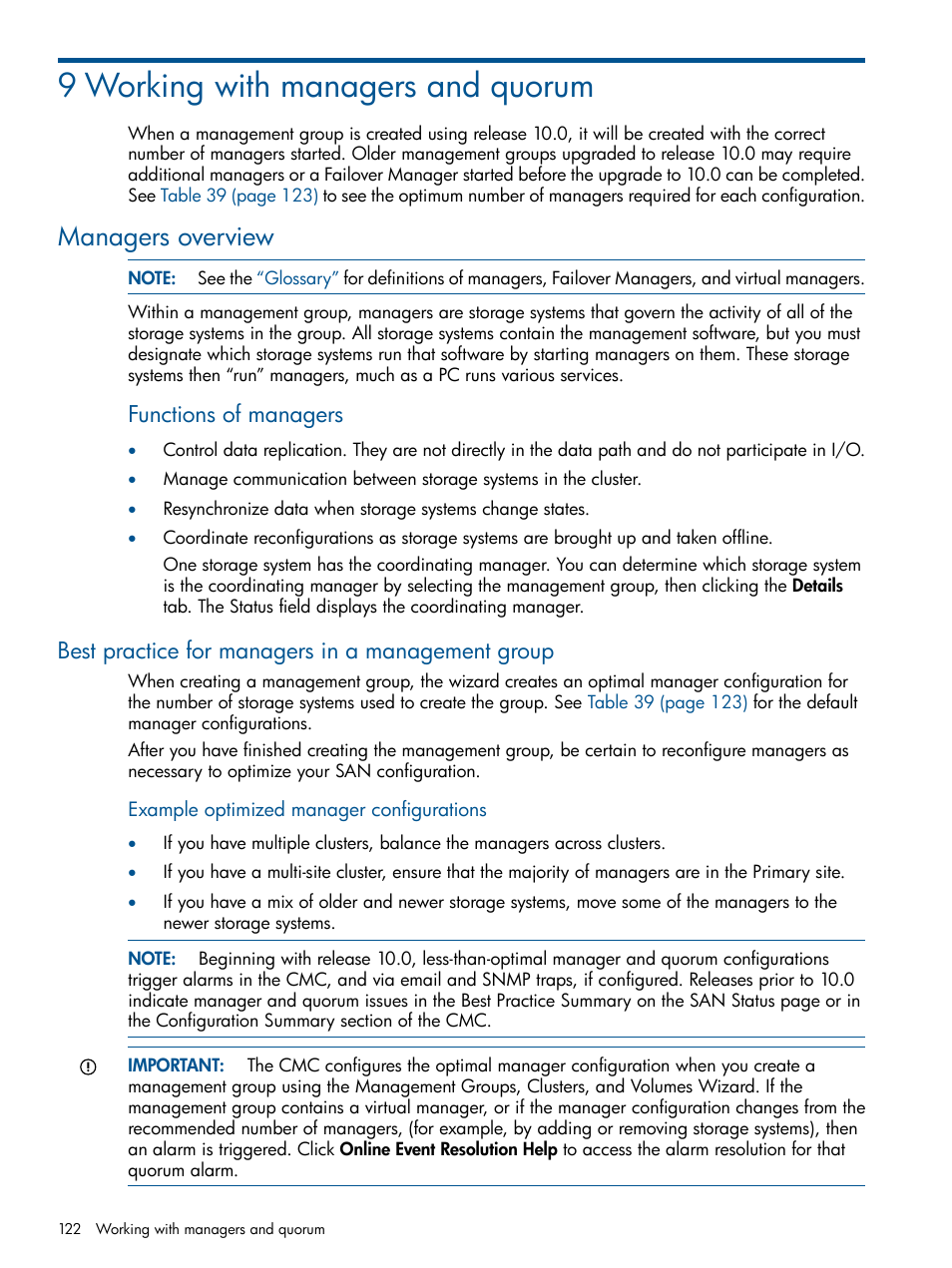 9 working with managers and quorum, Managers overview, Best practice for managers in a management group | Managers, Functions of managers | HP StoreVirtual 4000 Storage User Manual | Page 122 / 288