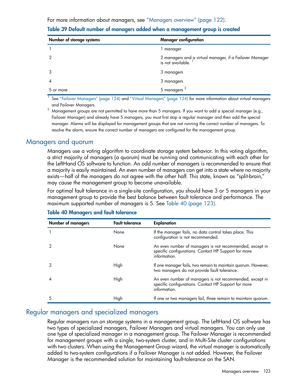 Managers and quorum, Regular managers and specialized managers | HP StoreVirtual 4000 Storage User Manual | Page 123 / 288