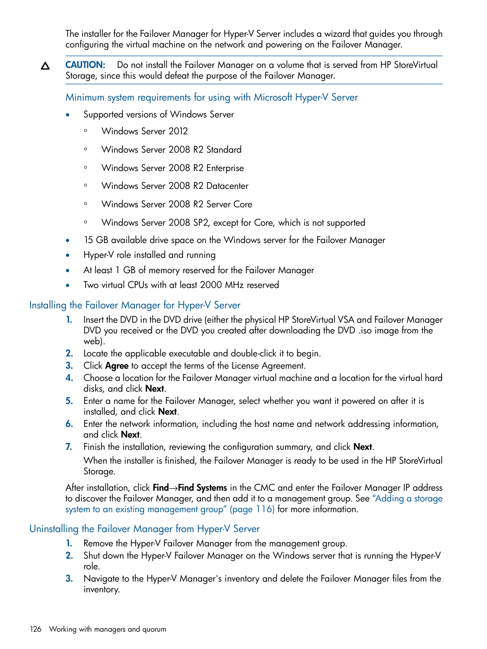 Installing the failover manager for hyper-v server | HP StoreVirtual 4000 Storage User Manual | Page 126 / 288