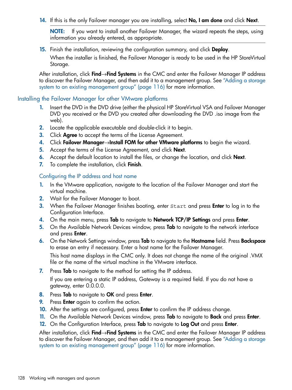 Configuring the ip address and host name | HP StoreVirtual 4000 Storage User Manual | Page 128 / 288