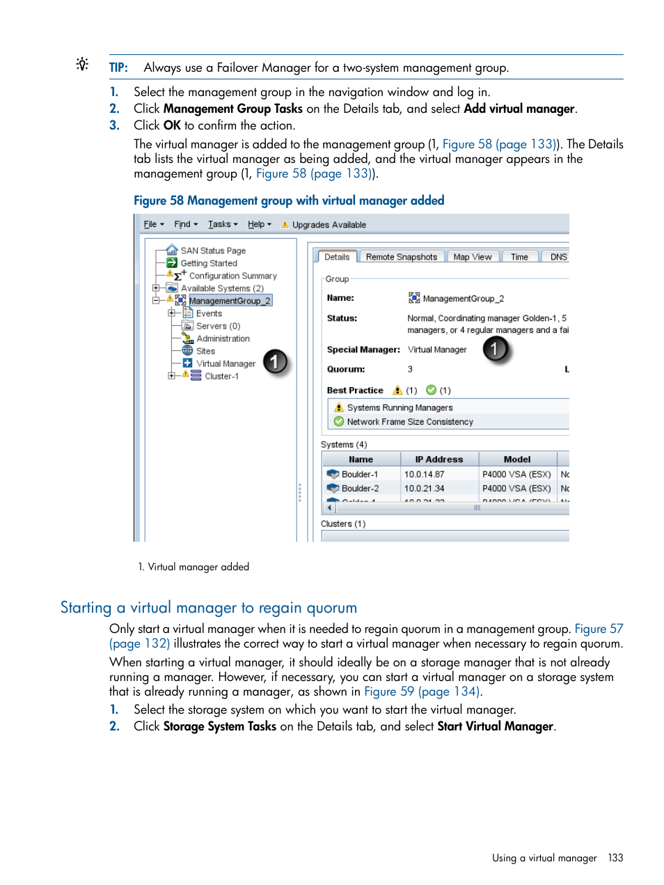 Starting a virtual manager to regain quorum | HP StoreVirtual 4000 Storage User Manual | Page 133 / 288