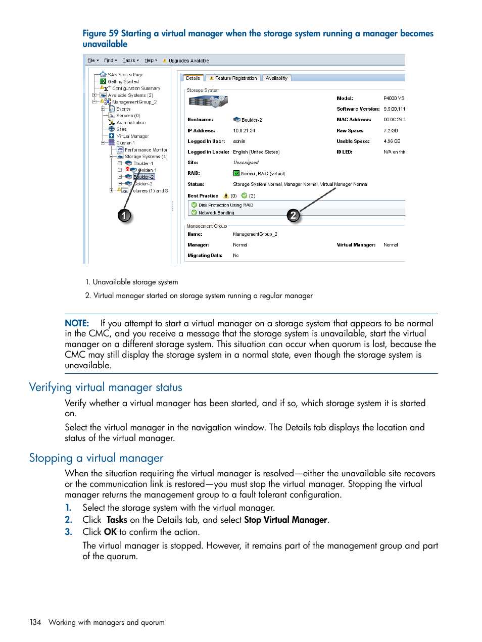 Verifying virtual manager status, Stopping a virtual manager | HP StoreVirtual 4000 Storage User Manual | Page 134 / 288
