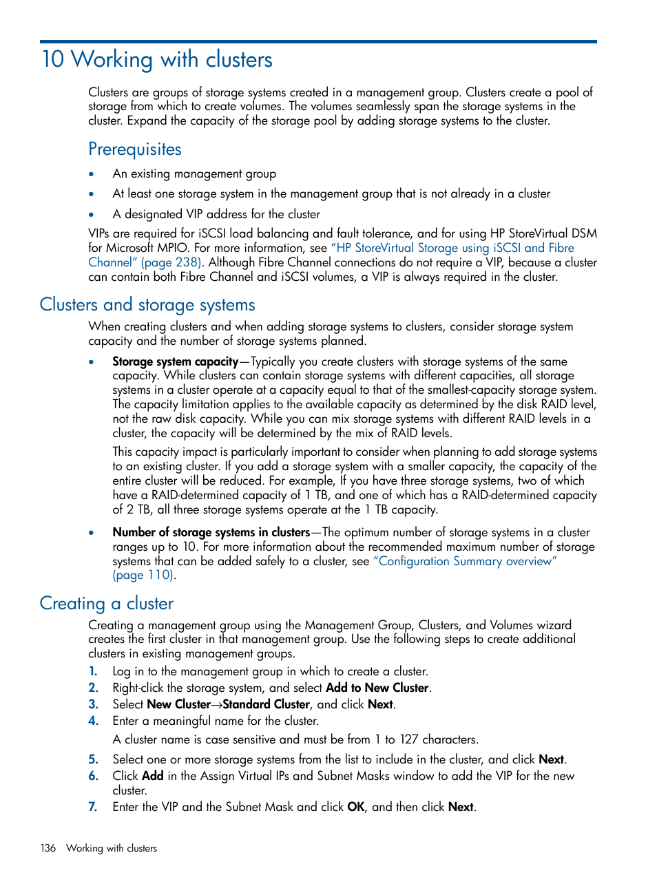 10 working with clusters, Clusters and storage systems, Creating a cluster | Clusters and storage systems creating a cluster, Prerequisites | HP StoreVirtual 4000 Storage User Manual | Page 136 / 288