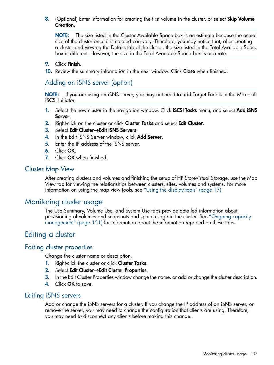 Cluster map view, Monitoring cluster usage, Editing a cluster | Editing cluster properties, Editing isns servers, Monitoring cluster usage editing a cluster, Editing cluster properties editing isns servers, Adding an isns server (option) | HP StoreVirtual 4000 Storage User Manual | Page 137 / 288