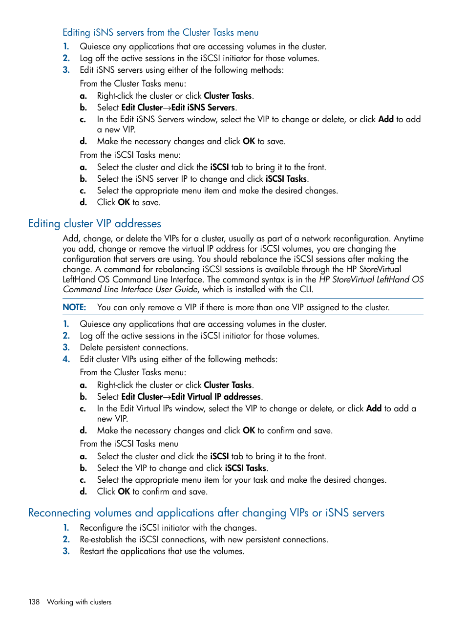 Editing cluster vip addresses | HP StoreVirtual 4000 Storage User Manual | Page 138 / 288