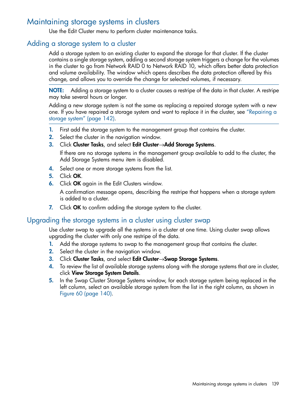 Maintaining storage systems in clusters, Adding a storage system to a cluster, Upgrading the storage systems in a cluster using | HP StoreVirtual 4000 Storage User Manual | Page 139 / 288