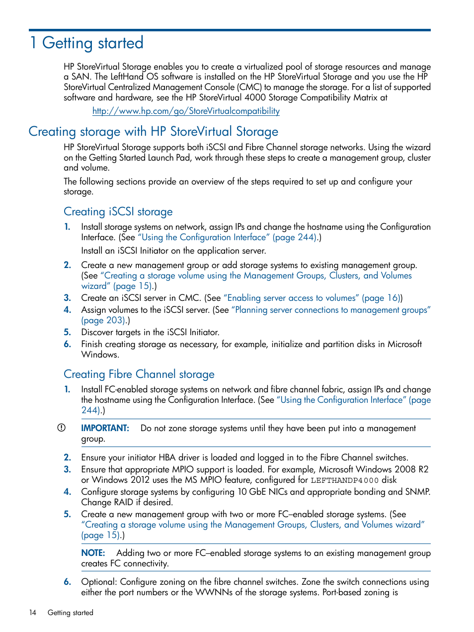 1 getting started, Creating storage with hp storevirtual storage, Creating iscsi storage | Creating fibre channel storage | HP StoreVirtual 4000 Storage User Manual | Page 14 / 288