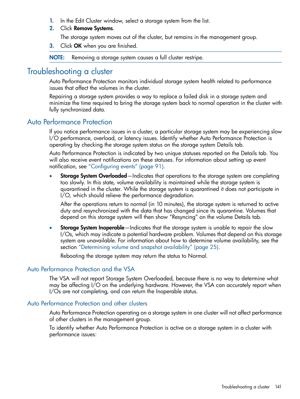 Troubleshooting a cluster, Auto performance protection, Auto performance protection and the vsa | Auto performance protection and other clusters | HP StoreVirtual 4000 Storage User Manual | Page 141 / 288