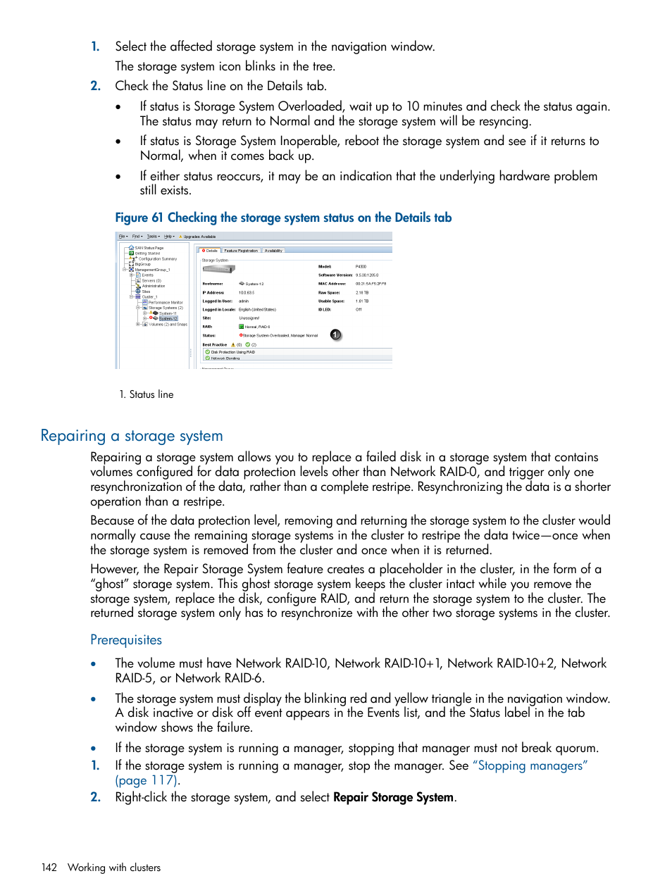 Repairing a storage system, Repairing a | HP StoreVirtual 4000 Storage User Manual | Page 142 / 288