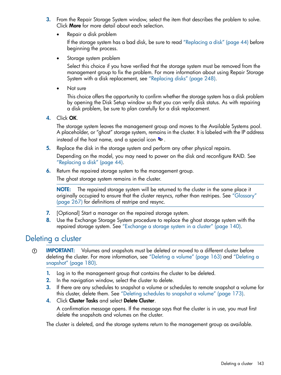 Deleting a cluster | HP StoreVirtual 4000 Storage User Manual | Page 143 / 288