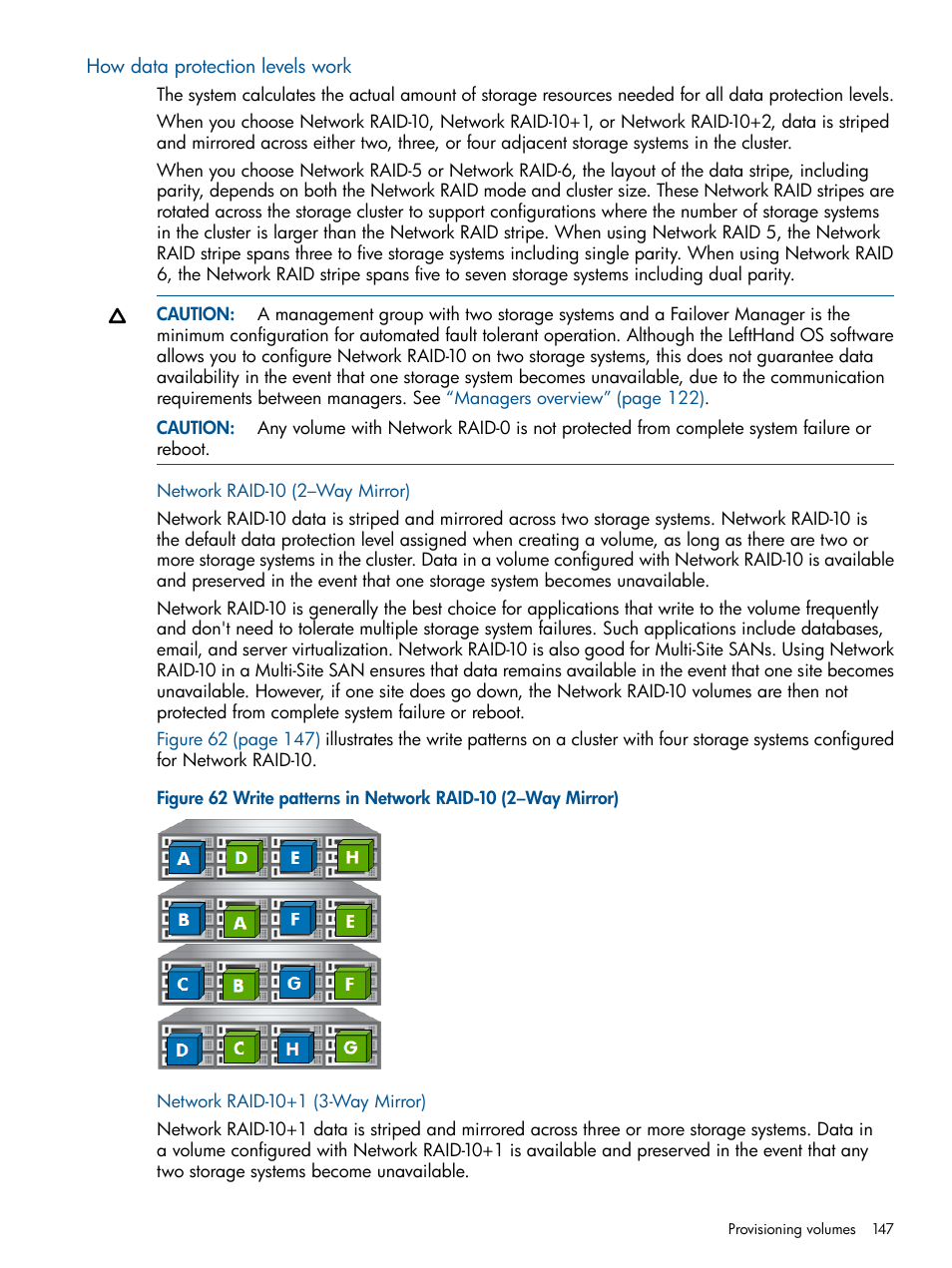 How data protection levels work, Network raid-10 (2–way mirror), Network raid-10+1 (3-way mirror) | HP StoreVirtual 4000 Storage User Manual | Page 147 / 288