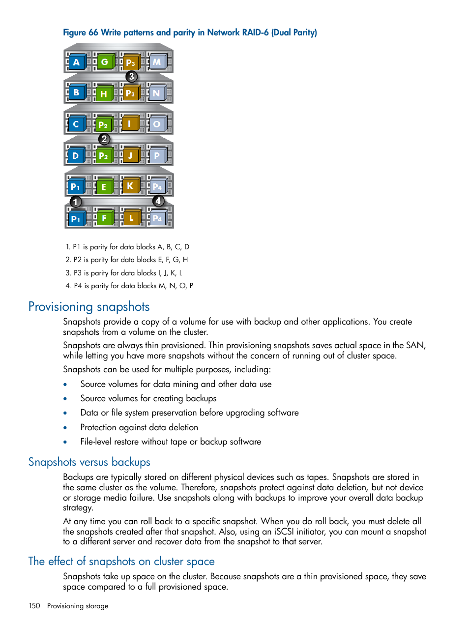 Provisioning snapshots, Snapshots versus backups, The effect of snapshots on cluster space | HP StoreVirtual 4000 Storage User Manual | Page 150 / 288