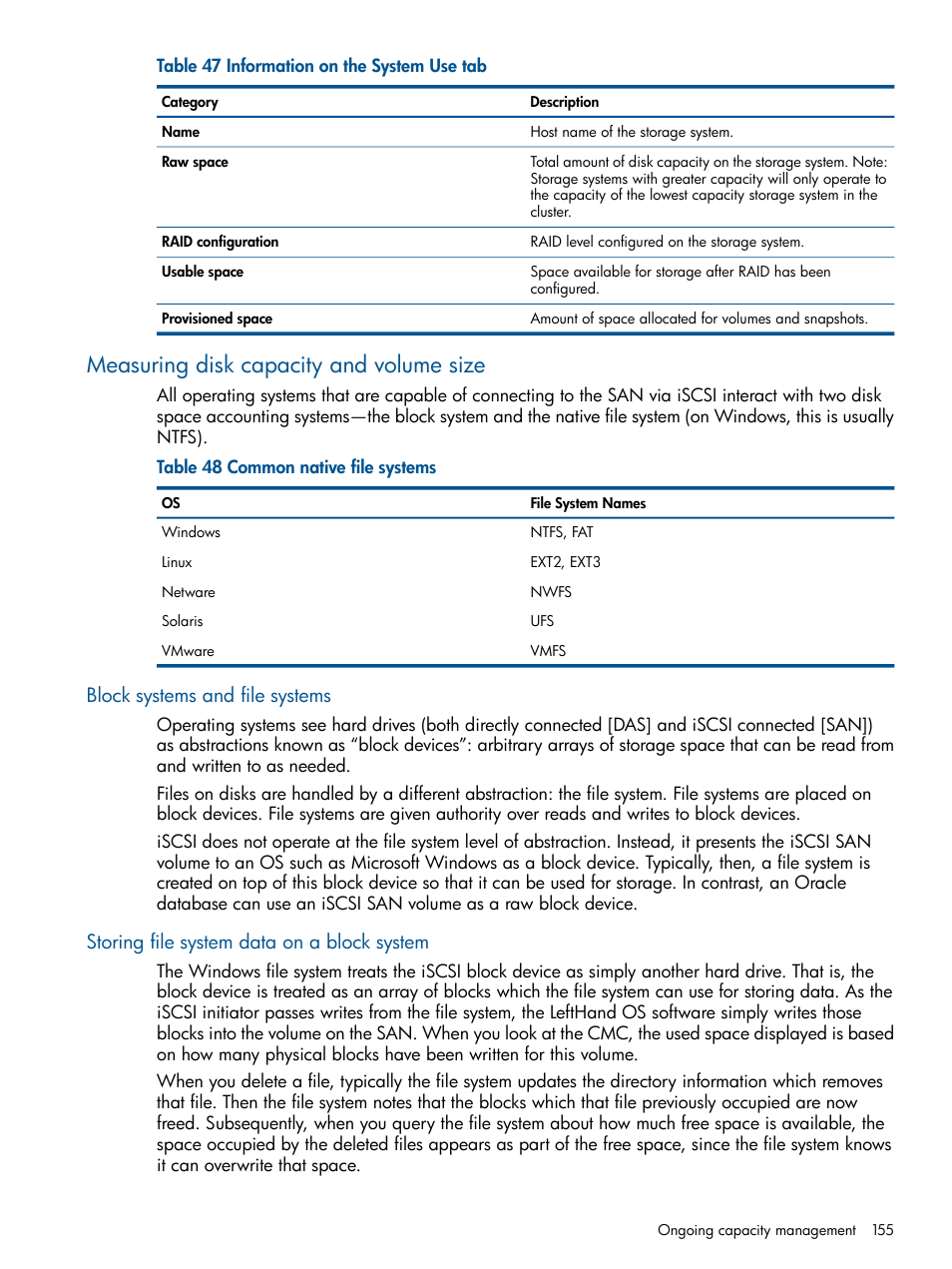 Measuring disk capacity and volume size, Block systems and file systems, Storing file system data on a block system | HP StoreVirtual 4000 Storage User Manual | Page 155 / 288