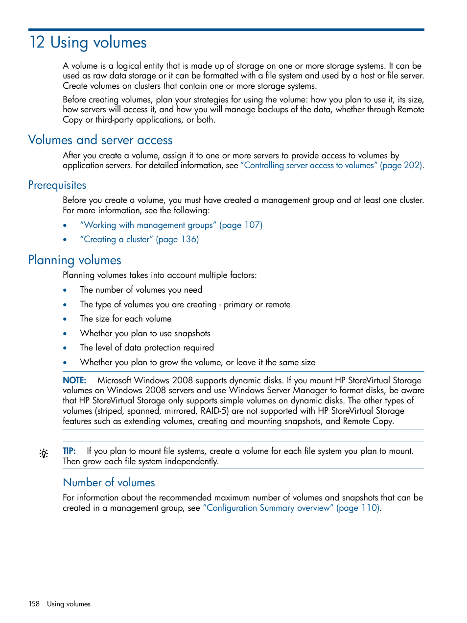 12 using volumes, Volumes and server access, Prerequisites | Planning volumes, Number of volumes | HP StoreVirtual 4000 Storage User Manual | Page 158 / 288