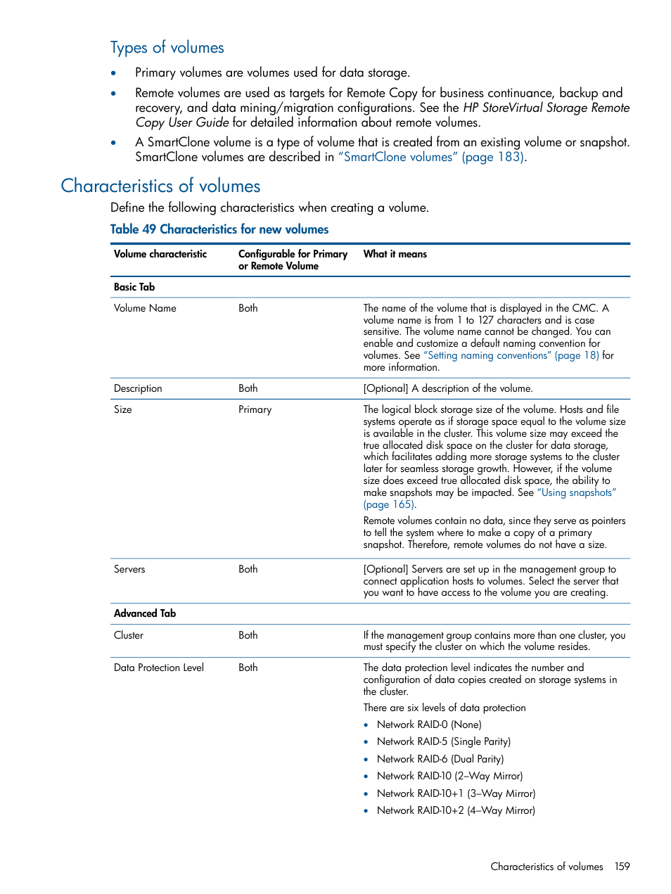 Characteristics of volumes, Types of volumes | HP StoreVirtual 4000 Storage User Manual | Page 159 / 288