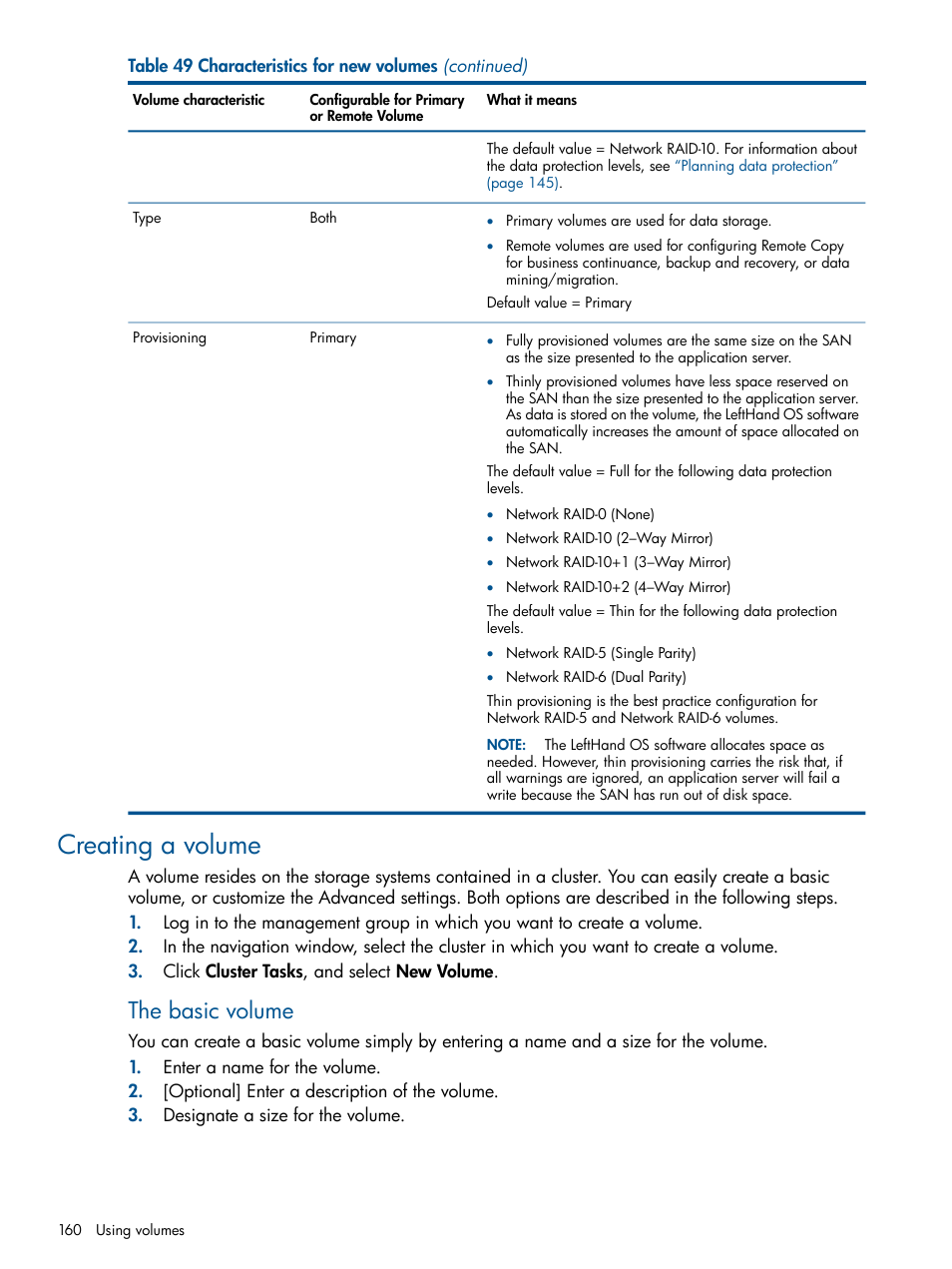 Creating a volume, The basic volume | HP StoreVirtual 4000 Storage User Manual | Page 160 / 288