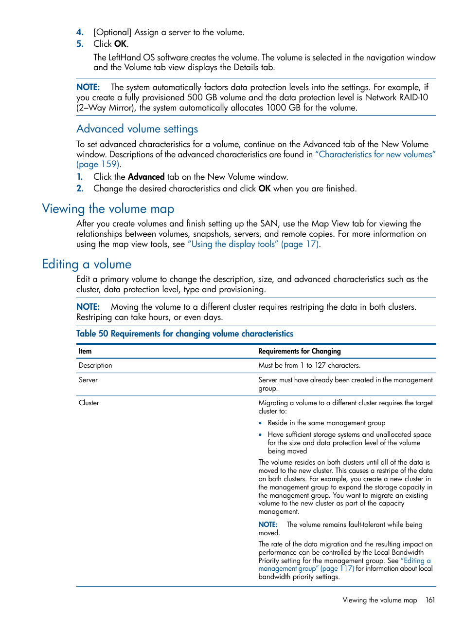 Viewing the volume map, Editing a volume, Viewing the volume map editing a volume | Advanced volume settings | HP StoreVirtual 4000 Storage User Manual | Page 161 / 288