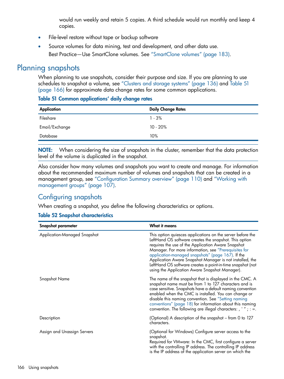 Planning snapshots, Configuring snapshots | HP StoreVirtual 4000 Storage User Manual | Page 166 / 288