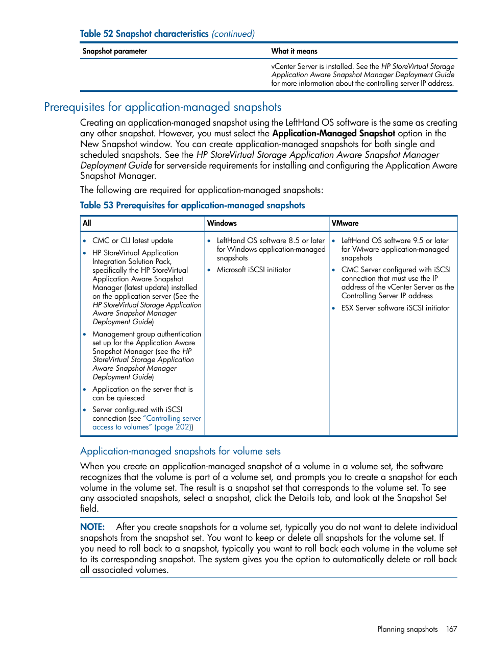 Prerequisites for application-managed snapshots, Prerequisites for application-managed, Prerequisites for | Application-managed snapshots for volume sets | HP StoreVirtual 4000 Storage User Manual | Page 167 / 288