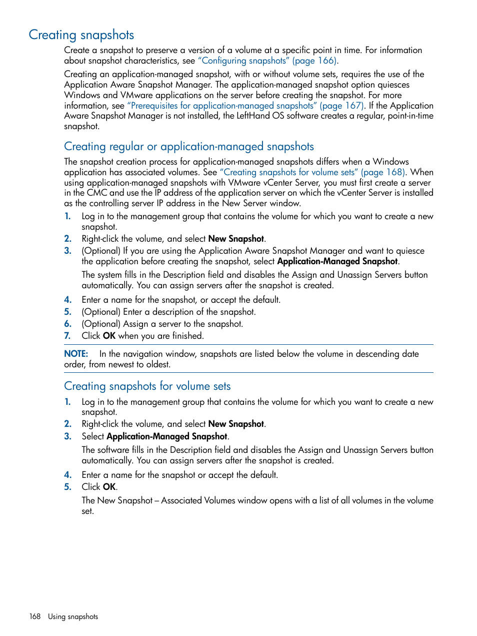 Creating snapshots, Creating regular or application-managed snapshots, Creating snapshots for volume sets | HP StoreVirtual 4000 Storage User Manual | Page 168 / 288