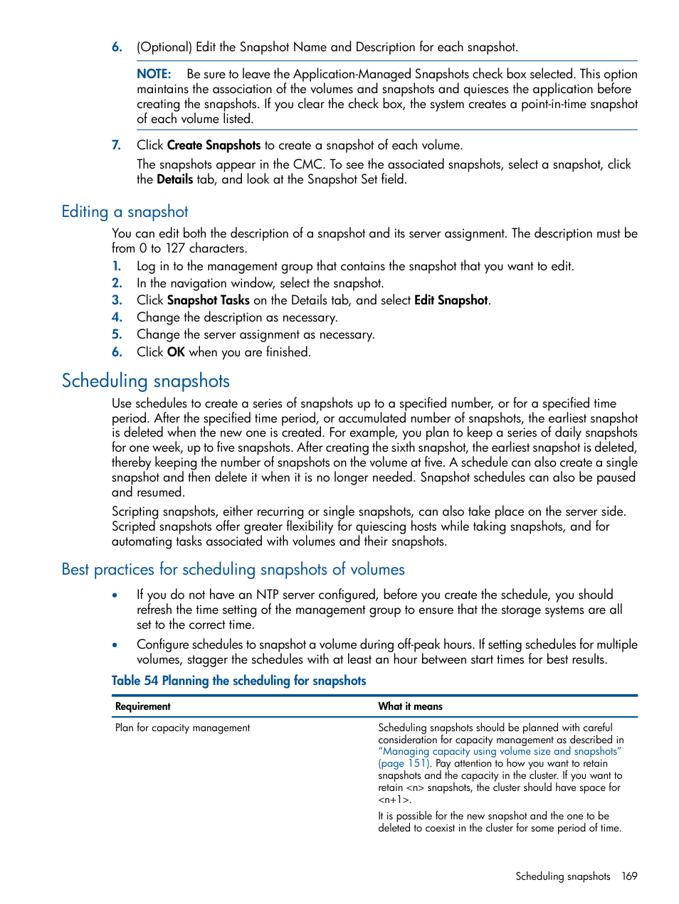 Editing a snapshot, Scheduling snapshots, Best practices for scheduling snapshots of volumes | HP StoreVirtual 4000 Storage User Manual | Page 169 / 288