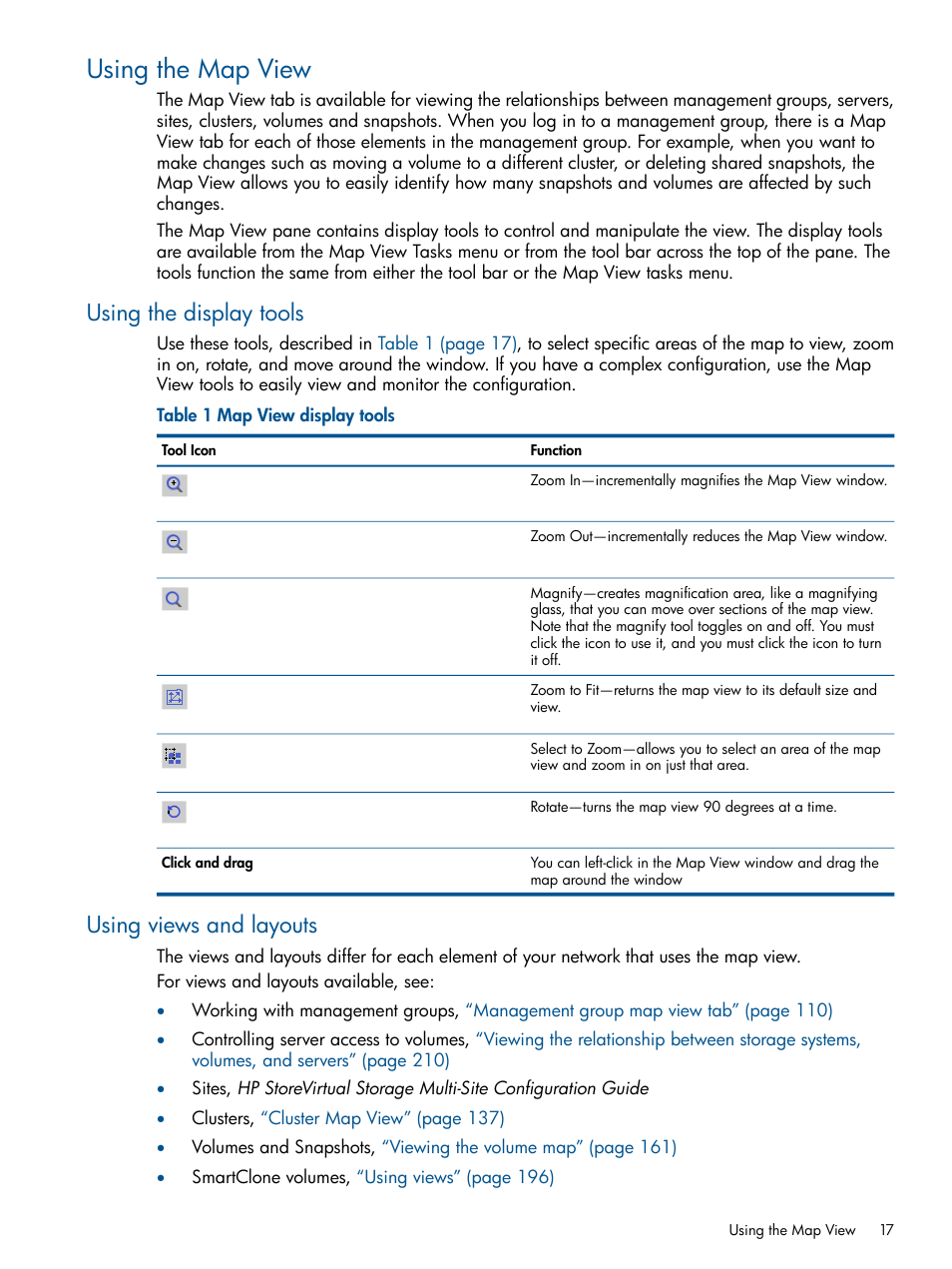 Using the map view, Using the display tools, Using views and layouts | Using the display tools using views and layouts | HP StoreVirtual 4000 Storage User Manual | Page 17 / 288