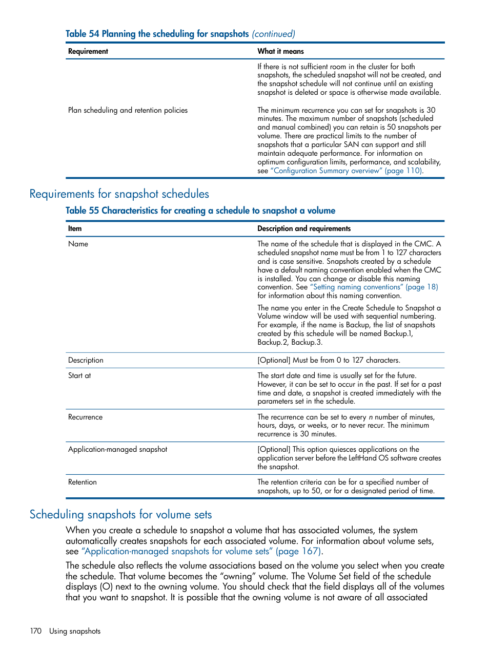 Requirements for snapshot schedules, Scheduling snapshots for volume sets | HP StoreVirtual 4000 Storage User Manual | Page 170 / 288