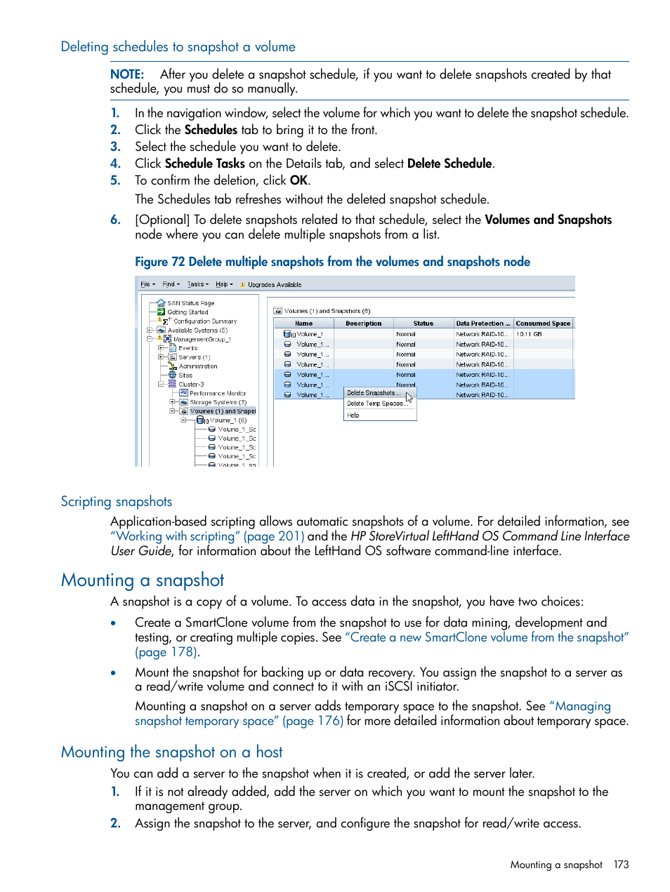 Deleting schedules to snapshot a volume, Scripting snapshots, Mounting a snapshot | Mounting the snapshot on a host | HP StoreVirtual 4000 Storage User Manual | Page 173 / 288