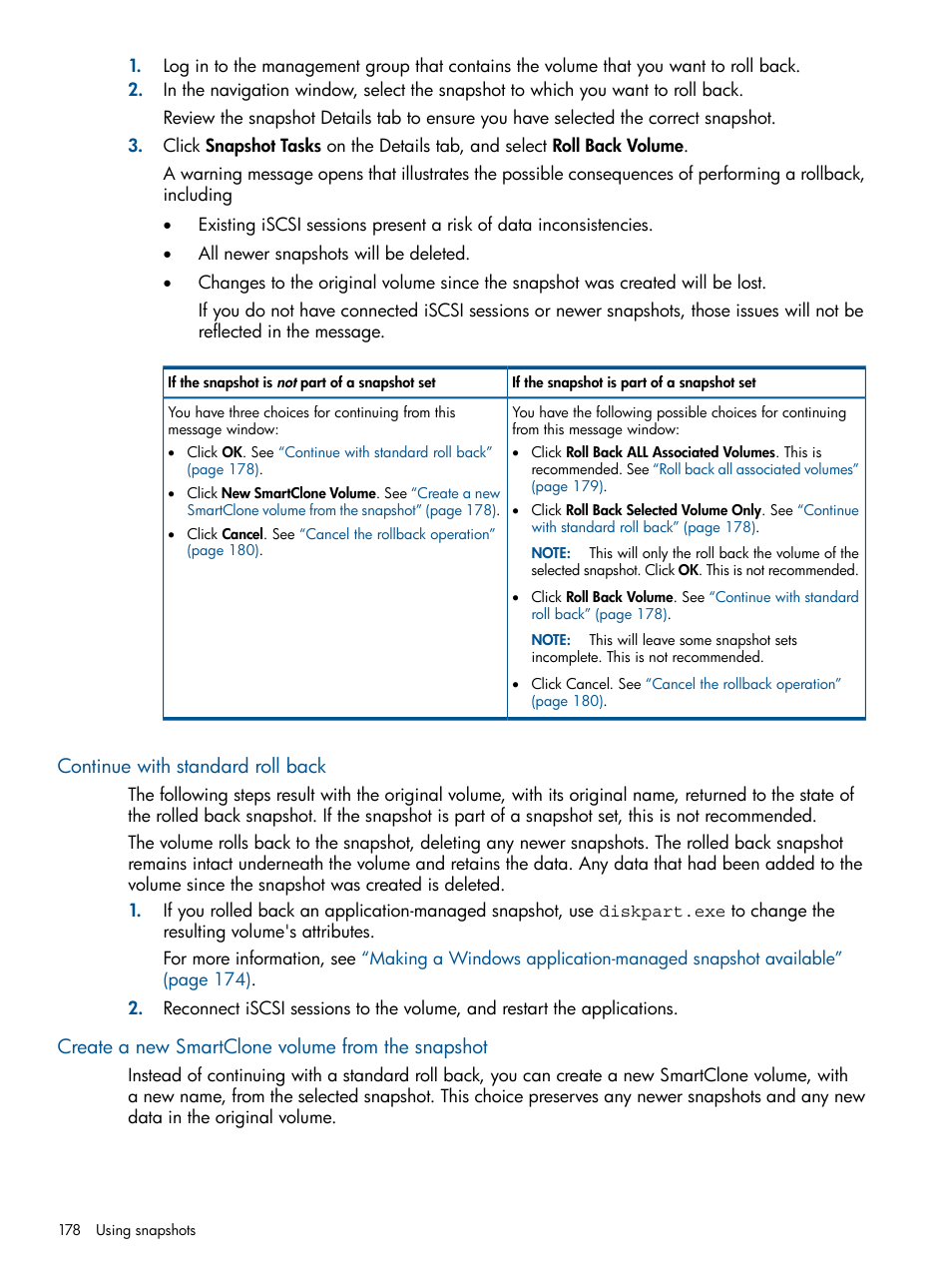 Continue with standard roll back, Create a new smartclone volume from the snapshot | HP StoreVirtual 4000 Storage User Manual | Page 178 / 288