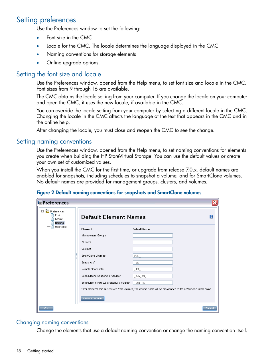 Setting preferences, Setting the font size and locale, Setting naming conventions | Changing naming conventions | HP StoreVirtual 4000 Storage User Manual | Page 18 / 288