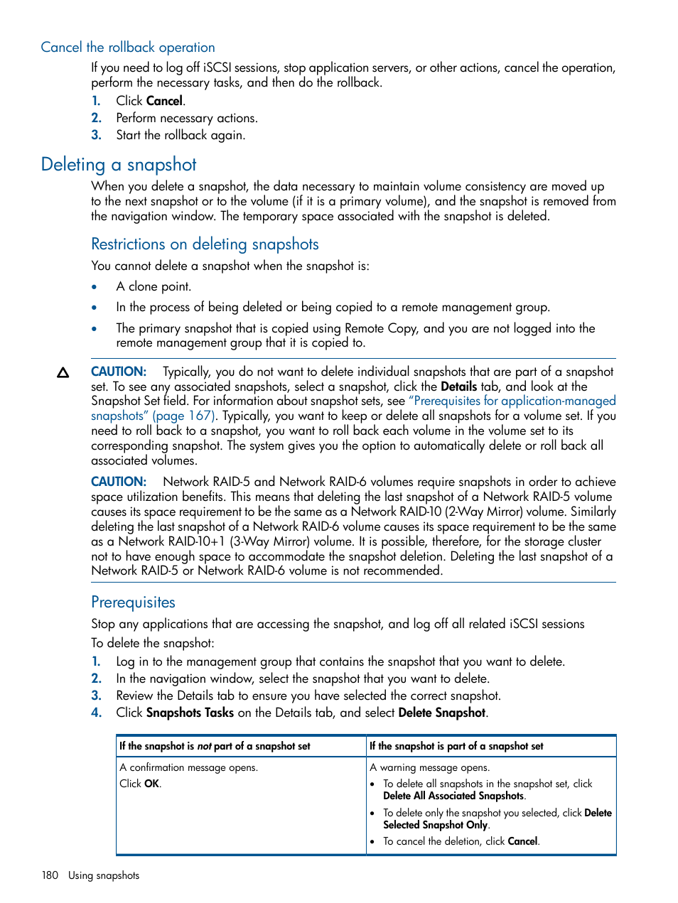 Cancel the rollback operation, Deleting a snapshot, Deleting a | Restrictions on deleting snapshots, Prerequisites | HP StoreVirtual 4000 Storage User Manual | Page 180 / 288