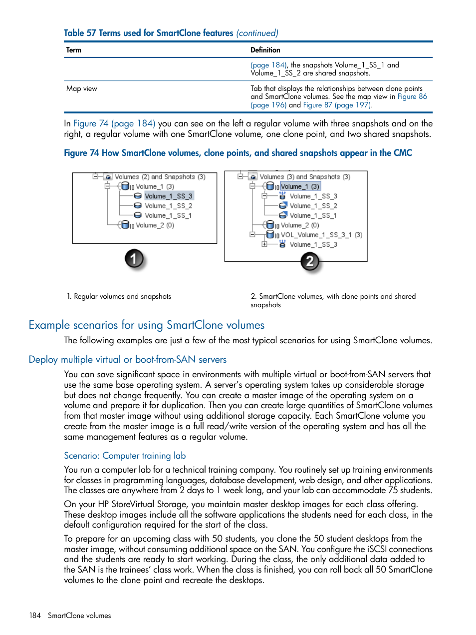 Example scenarios for using smartclone volumes, Deploy multiple virtual or boot-from-san servers, Scenario: computer training lab | Figure 74 | HP StoreVirtual 4000 Storage User Manual | Page 184 / 288