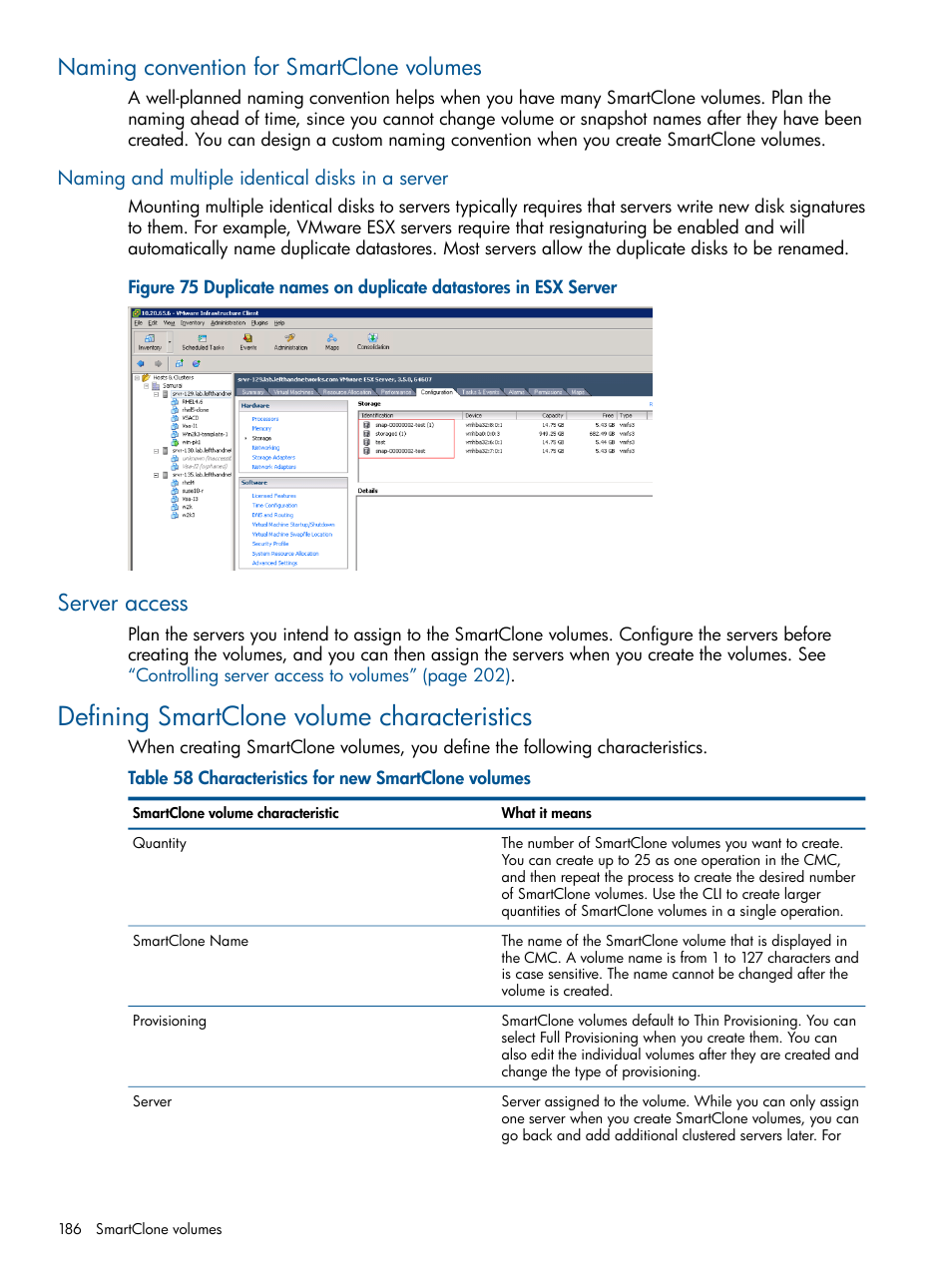 Naming convention for smartclone volumes, Naming and multiple identical disks in a server, Server access | Defining smartclone volume characteristics, Defining smartclone | HP StoreVirtual 4000 Storage User Manual | Page 186 / 288