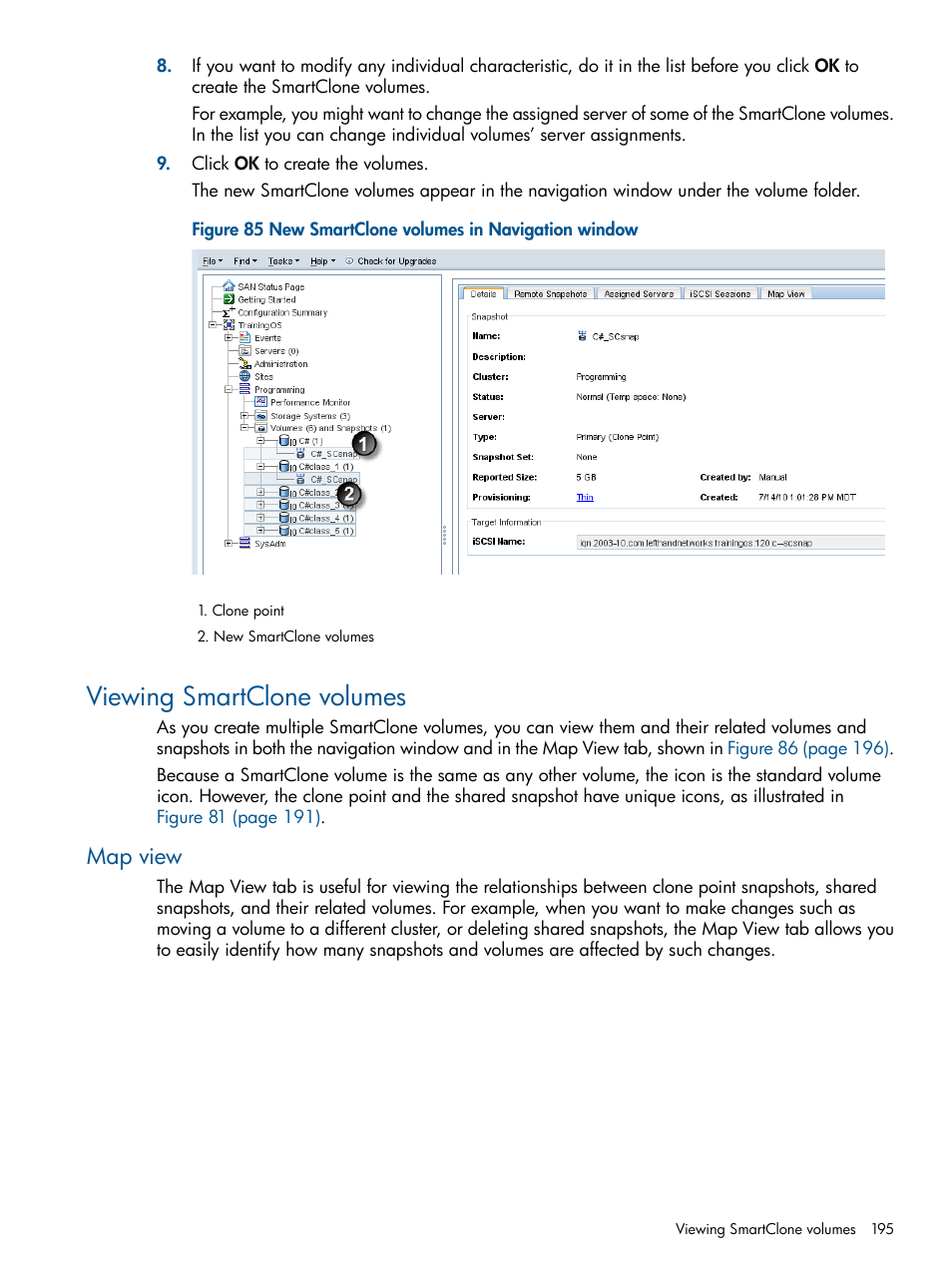 Viewing smartclone volumes, Map view | HP StoreVirtual 4000 Storage User Manual | Page 195 / 288