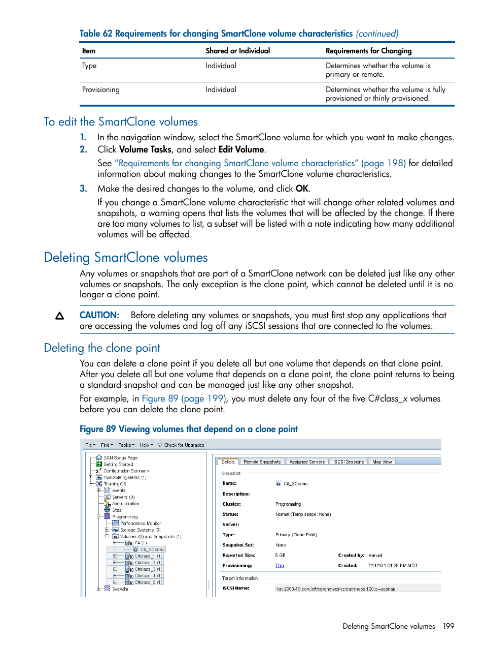 To edit the smartclone volumes, Deleting smartclone volumes, Deleting the clone point | HP StoreVirtual 4000 Storage User Manual | Page 199 / 288