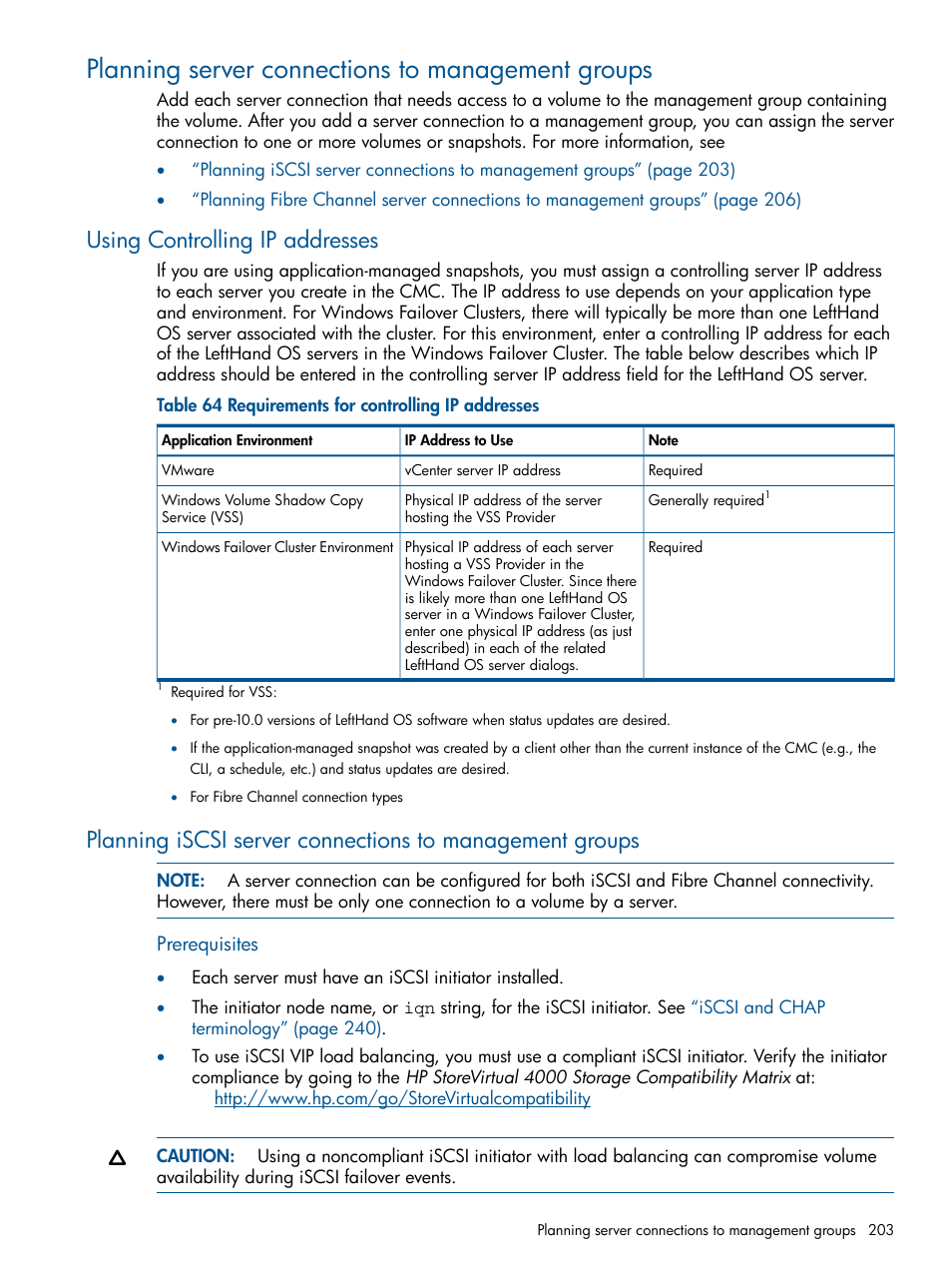 Planning server connections to management groups, Using controlling ip addresses, Planning iscsi server connections to management | HP StoreVirtual 4000 Storage User Manual | Page 203 / 288