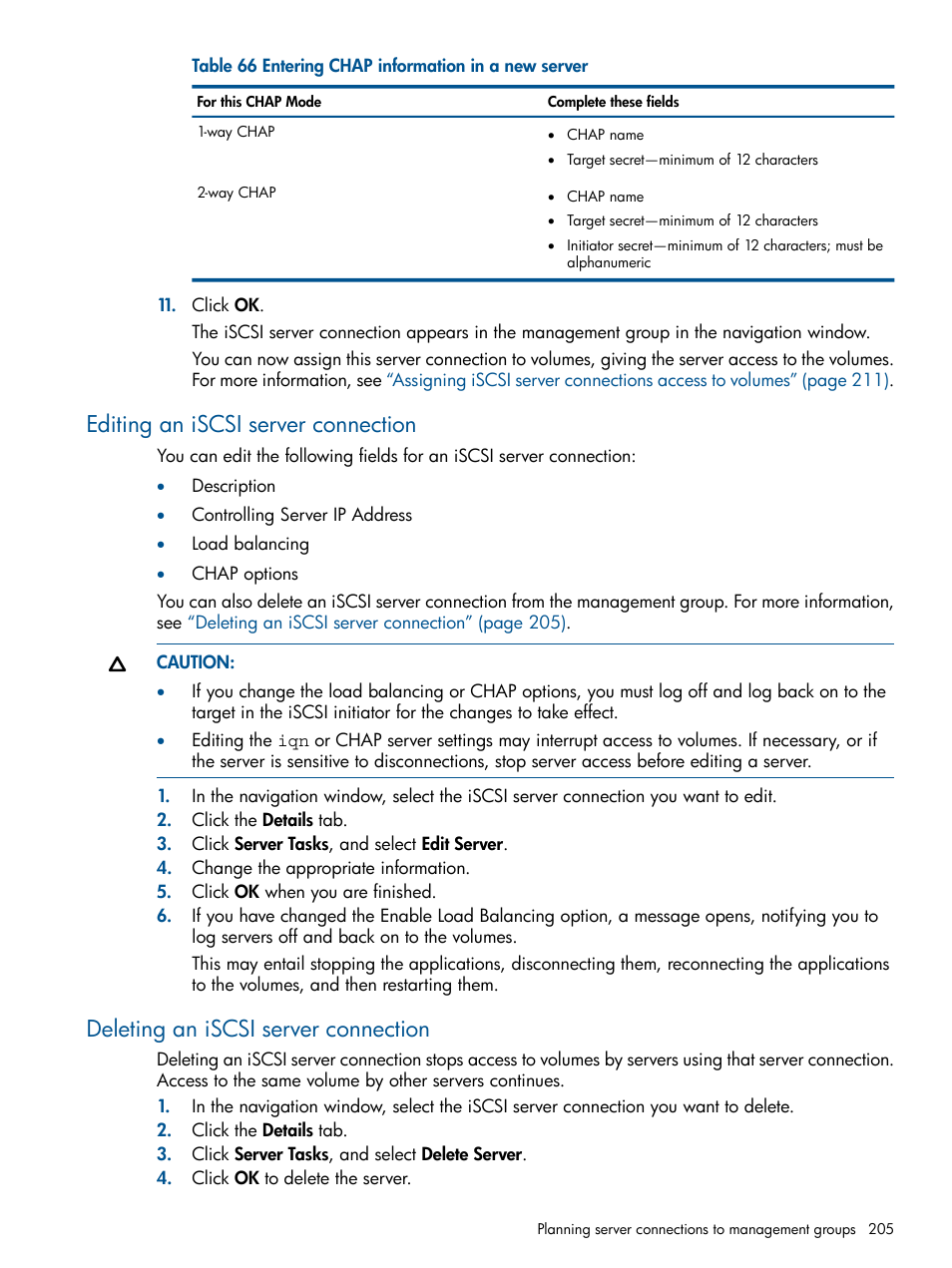 Editing an iscsi server connection, Deleting an iscsi server connection, Editing | HP StoreVirtual 4000 Storage User Manual | Page 205 / 288