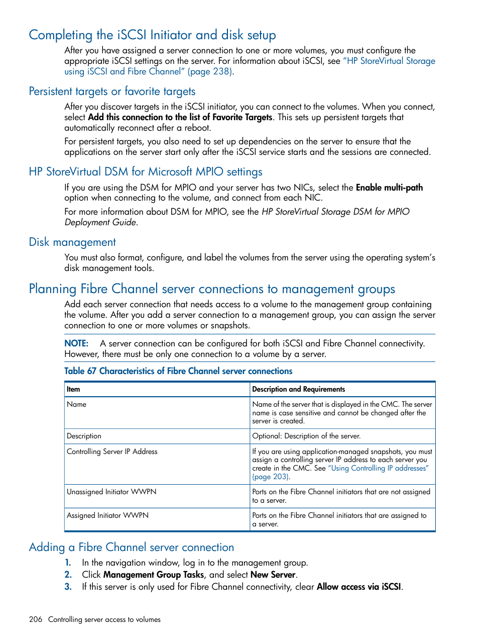 Completing the iscsi initiator and disk setup, Persistent targets or favorite targets, Hp storevirtual dsm for microsoft mpio settings | Disk management, Adding a fibre channel server connection, Planning fibre channel server connections, Planning fibre channel server | HP StoreVirtual 4000 Storage User Manual | Page 206 / 288