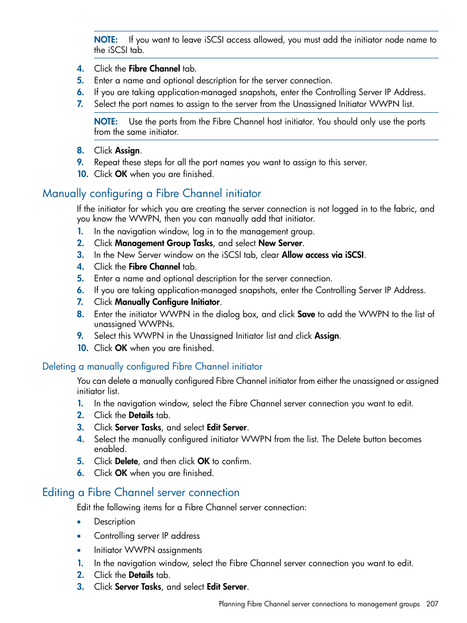 Manually configuring a fibre channel initiator, Editing a fibre channel server connection | HP StoreVirtual 4000 Storage User Manual | Page 207 / 288