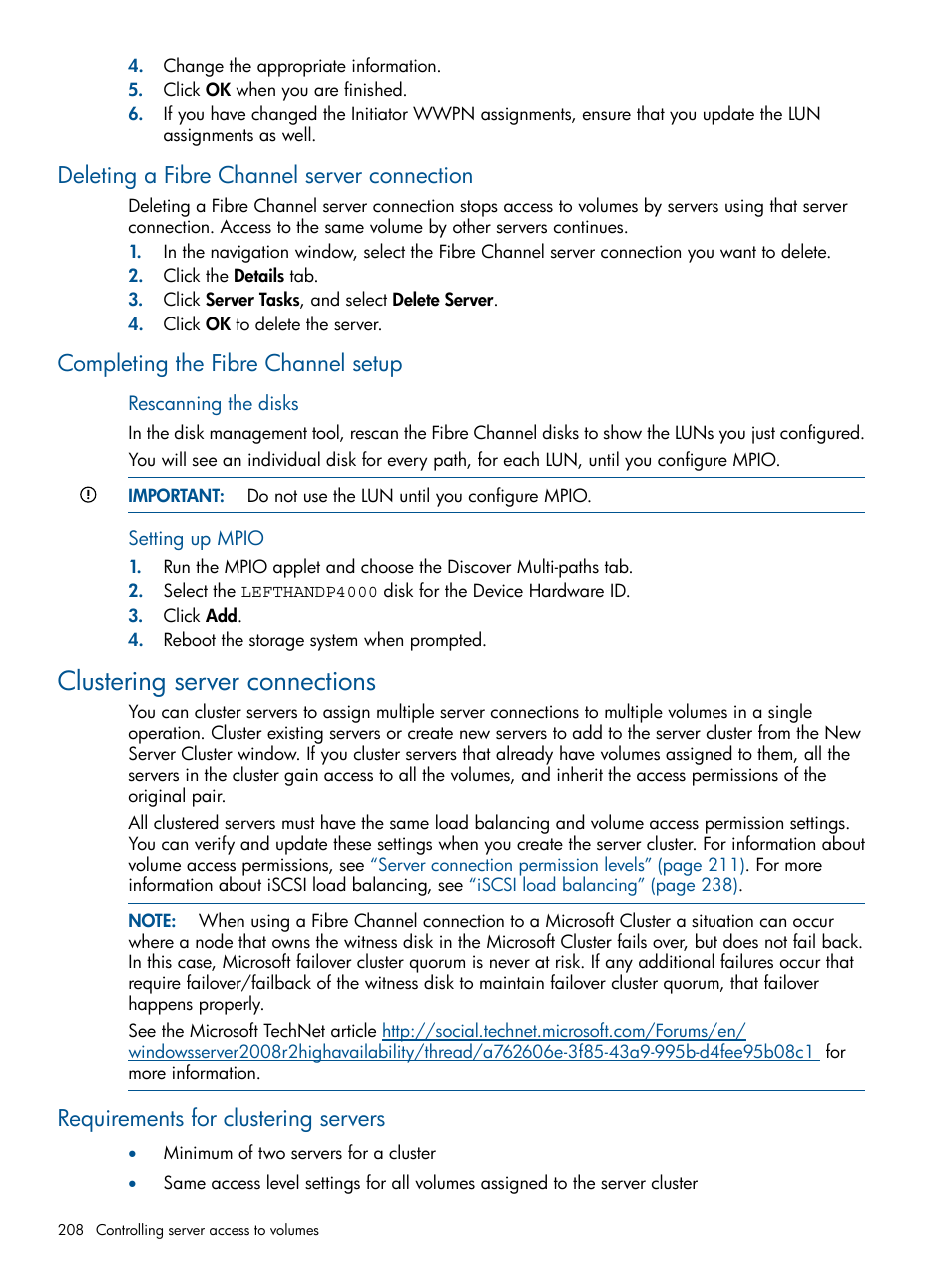 Deleting a fibre channel server connection, Completing the fibre channel setup, Clustering server connections | Requirements for clustering servers | HP StoreVirtual 4000 Storage User Manual | Page 208 / 288