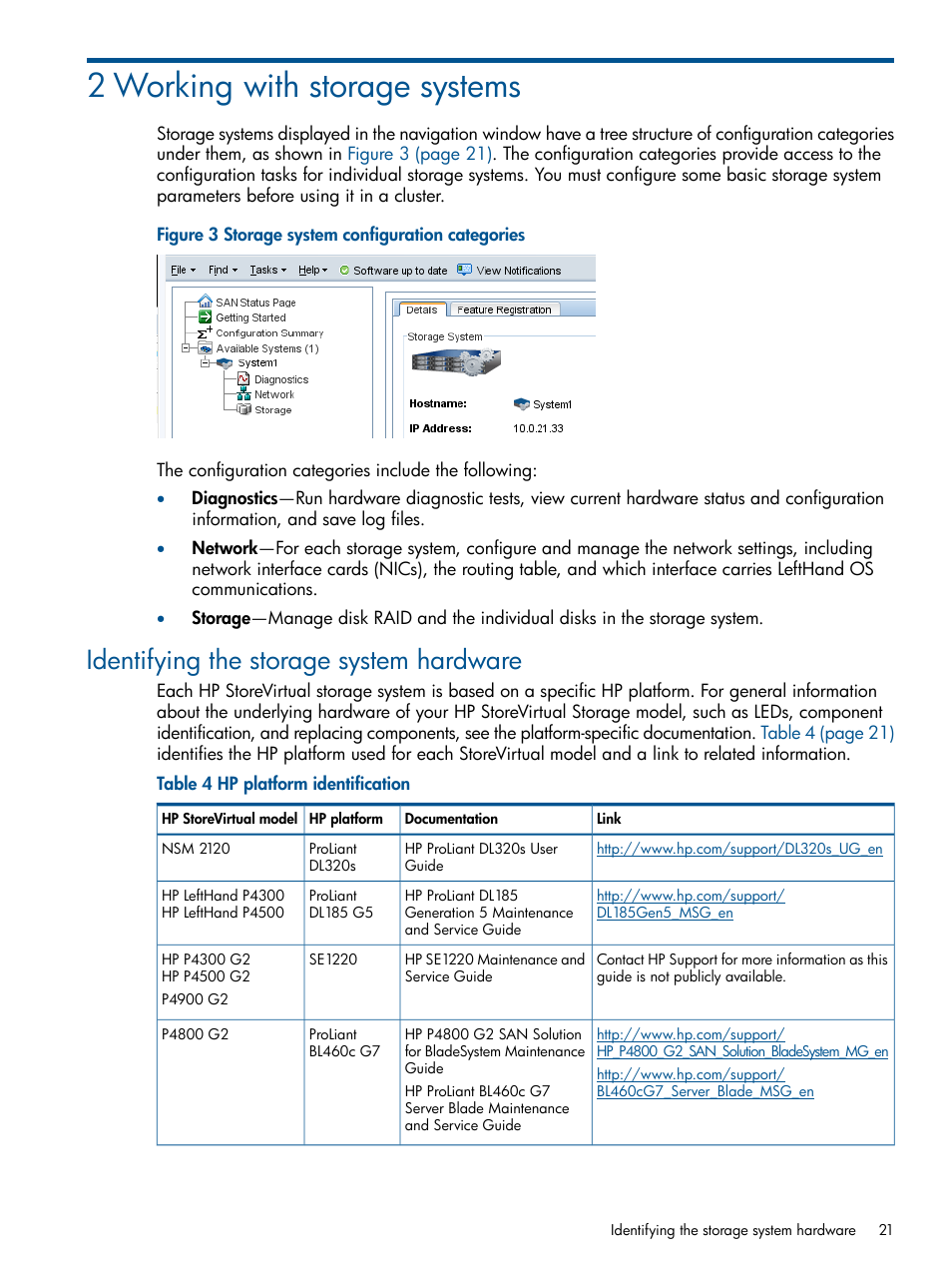 2 working with storage systems, Identifying the storage system hardware | HP StoreVirtual 4000 Storage User Manual | Page 21 / 288