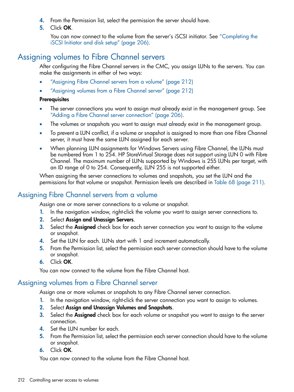 Assigning volumes to fibre channel servers, Assigning fibre channel servers from a volume, Assigning volumes from a fibre channel server | HP StoreVirtual 4000 Storage User Manual | Page 212 / 288