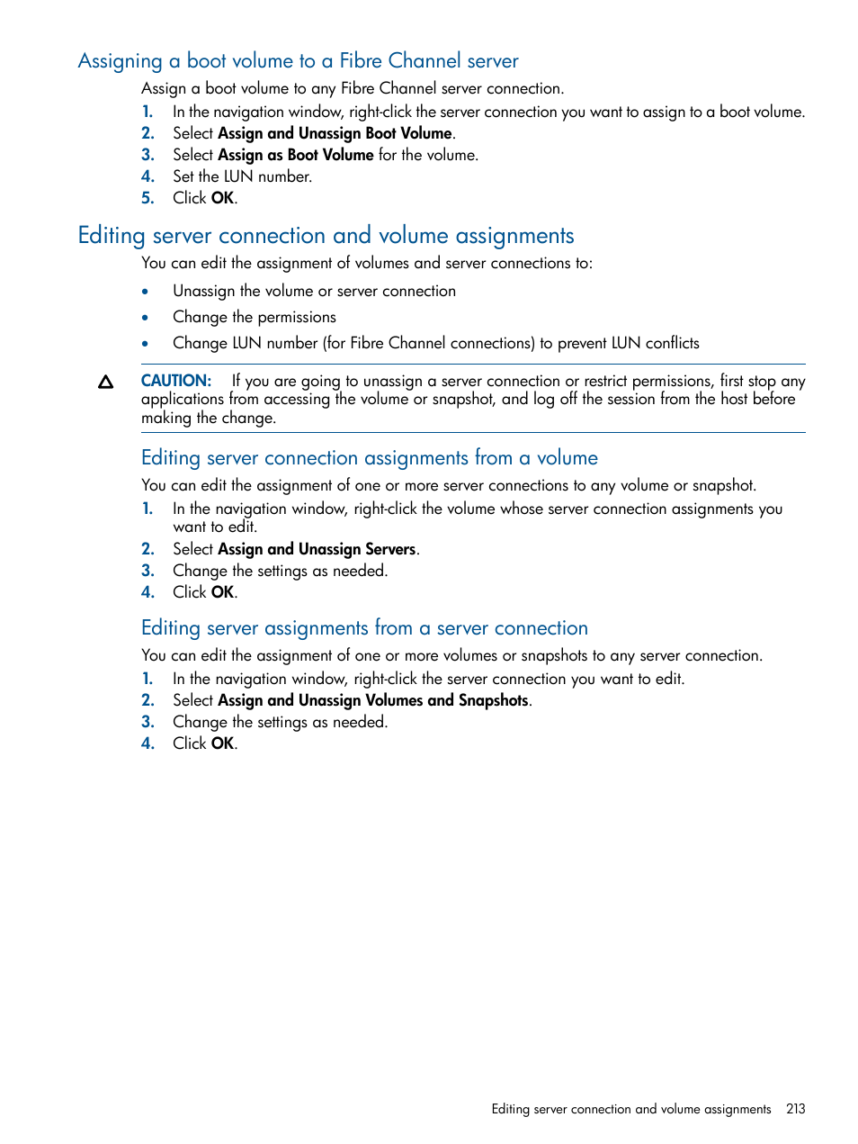 Assigning a boot volume to a fibre channel server, Editing server connection and volume assignments | HP StoreVirtual 4000 Storage User Manual | Page 213 / 288