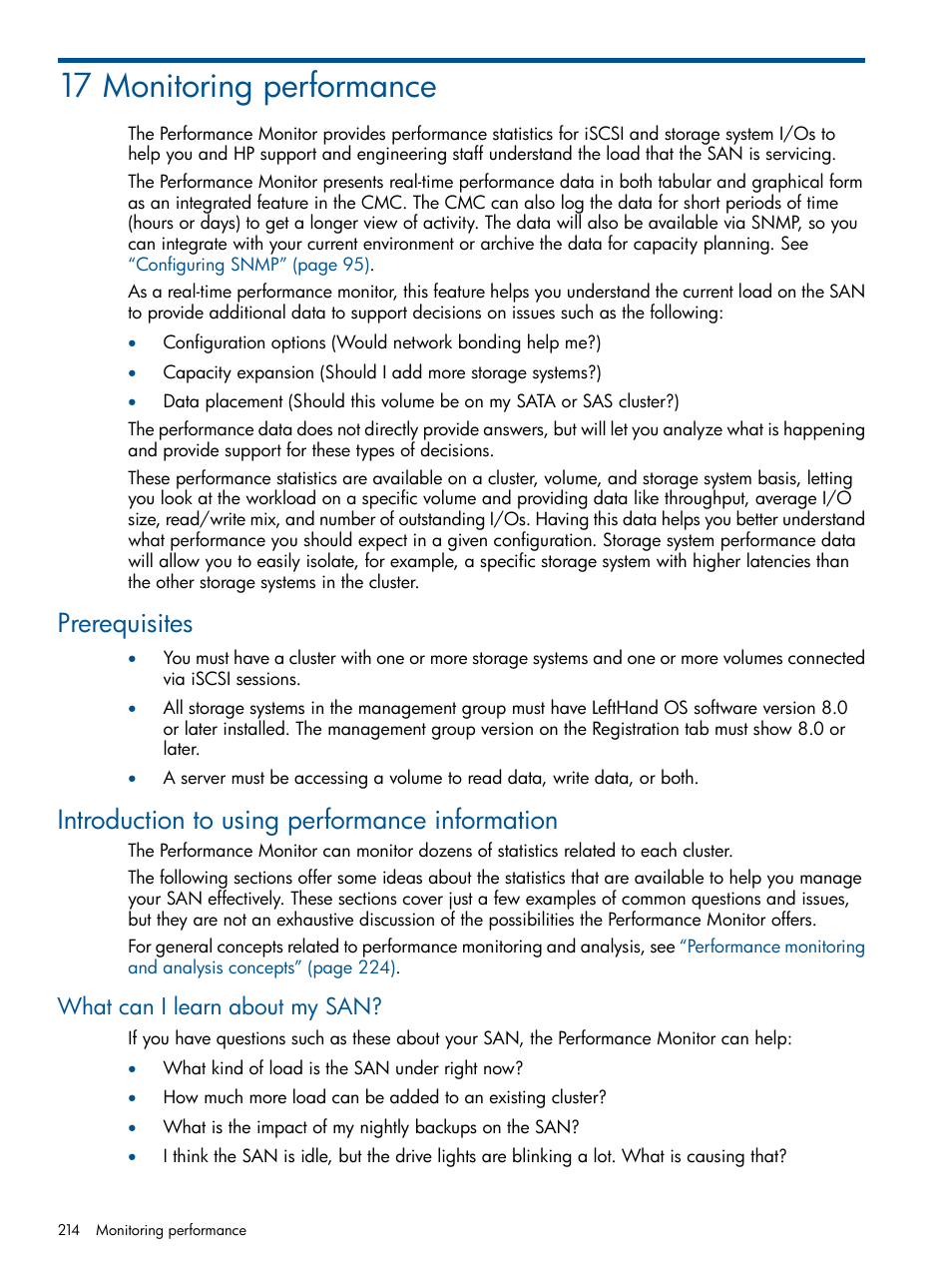 17 monitoring performance, Prerequisites, Introduction to using performance information | What can i learn about my san | HP StoreVirtual 4000 Storage User Manual | Page 214 / 288