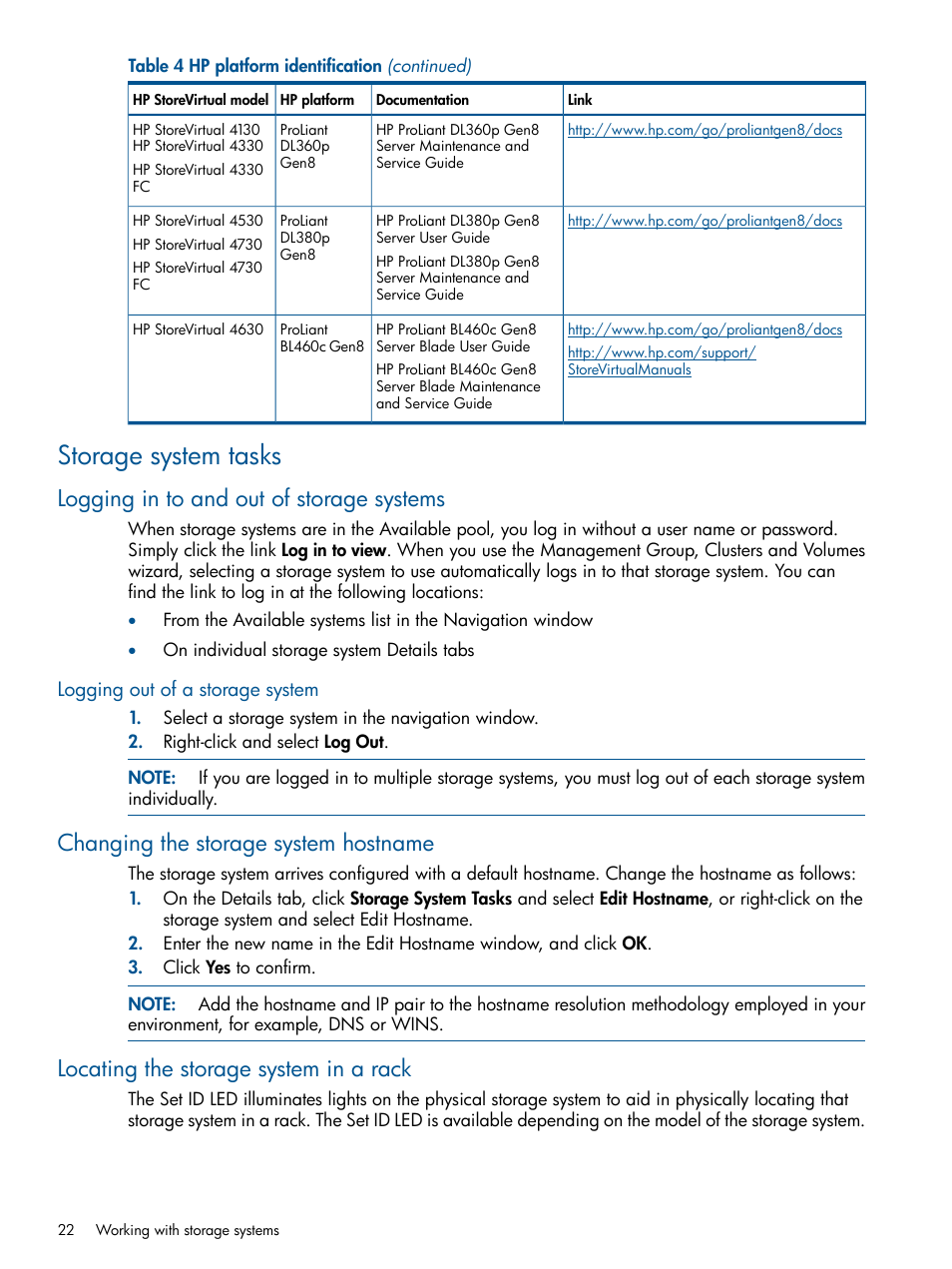 Storage system tasks, Logging in to and out of storage systems, Logging out of a storage system | Changing the storage system hostname, Locating the storage system in a rack | HP StoreVirtual 4000 Storage User Manual | Page 22 / 288