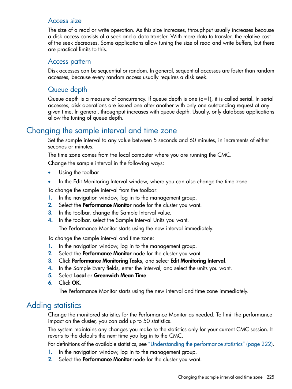 Changing the sample interval and time zone, Adding statistics, Access size | Access pattern, Queue depth | HP StoreVirtual 4000 Storage User Manual | Page 225 / 288