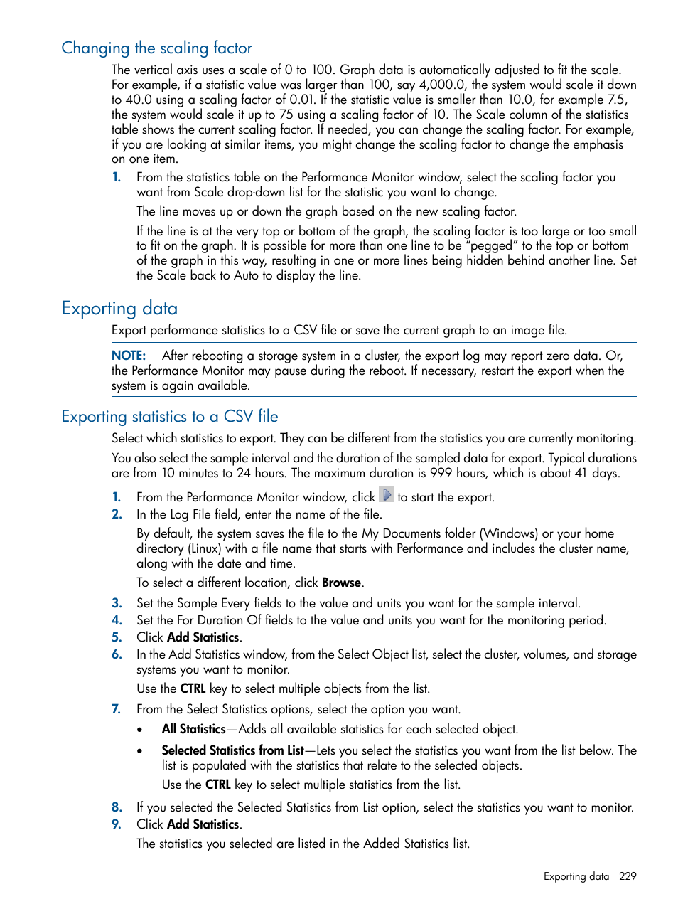 Changing the scaling factor, Exporting data, Exporting statistics to a csv file | HP StoreVirtual 4000 Storage User Manual | Page 229 / 288