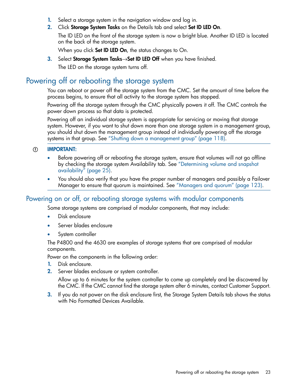 Powering off or rebooting the storage system | HP StoreVirtual 4000 Storage User Manual | Page 23 / 288