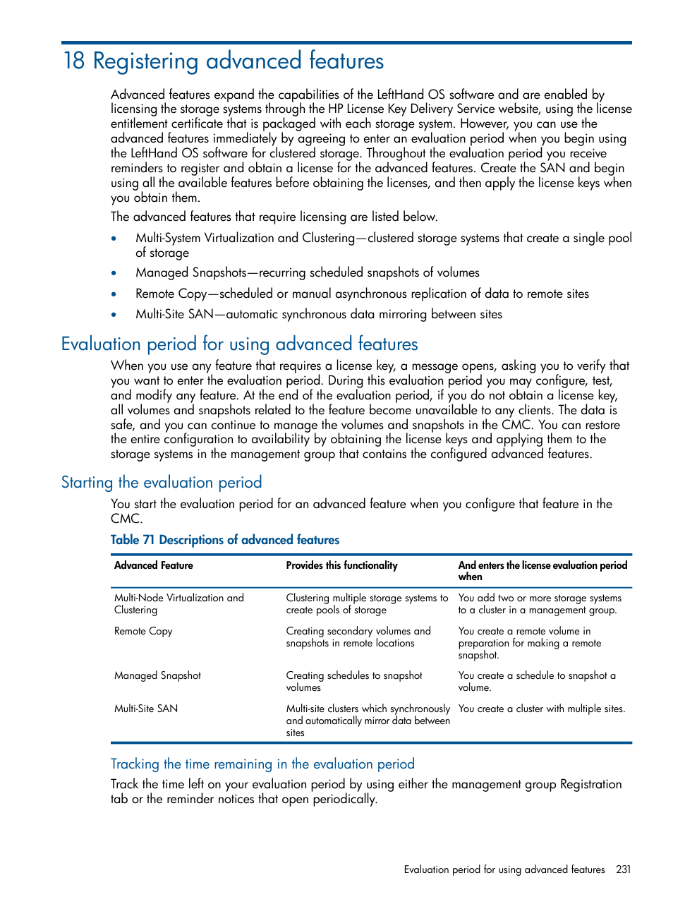 18 registering advanced features, Evaluation period for using advanced features, Starting the evaluation period | Registering advanced features | HP StoreVirtual 4000 Storage User Manual | Page 231 / 288