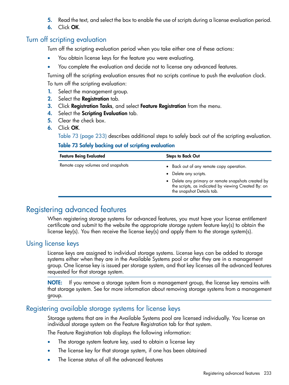 Turn off scripting evaluation, Registering advanced features, Using license keys | HP StoreVirtual 4000 Storage User Manual | Page 233 / 288
